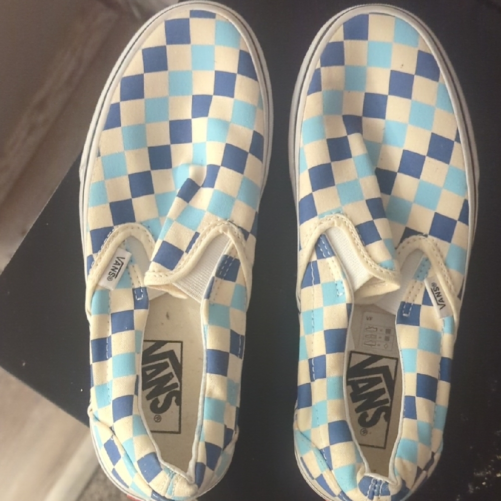 Vans Kids Light Blue and White Checkered Slip-On Sneakers